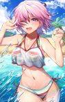  1girl alternate_costume bangs beach bikini blue_sky blush breasts cleavage cloud commentary_request day eyebrows_visible_through_hair fate/grand_order fate_(series) fingernails hair_between_eyes herigaru_(fvgyvr000) highres in_water looking_away mash_kyrielight medium_breasts multicolored multicolored_bikini multicolored_clothes multicolored_swimsuit navel official_alternate_costume one_eye_closed open_mouth outdoors palm_tree pink_hair purple_eyes sand see-through short_hair sky smile solo striped striped_bikini swimsuit swimsuit_of_perpetual_summer_ver.02 tree water 