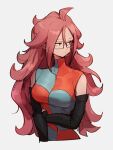  1girl android_21 breasts checkered checkered_dress dragon_ball dragon_ball_fighterz dress earrings glasses grey_background hair_between_eyes hoop_earrings jewelry kemachiku long_hair looking_at_viewer looking_to_the_side medium_breasts red_hair simple_background solo upper_body 