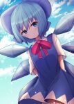  1girl bangs blue_bow blue_dress blue_eyes blue_hair blue_sky bow breasts cirno cloud cloudy_sky collar commentary_request darumoon dress eyebrows_visible_through_hair hair_between_eyes highres holding ice ice_wings light looking_at_viewer medium_breasts open_mouth red_bow red_neckwear shadow shirt short_hair short_sleeves sky solo standing touhou white_shirt white_sleeves wings 