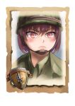  1girl bangs blush camouflage camouflage_helmet closed_mouth company_of_heroes freckles hair_between_eyes hat helmet military military_hat military_uniform original portrait purple_eyes purple_hair short_hair solo uniform united_states_army v-shaped_eyebrows world_war_ii zhainan_s-jun 