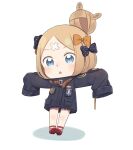  1girl :&lt; abigail_williams_(fate) bangs black_bow black_jacket blonde_hair blue_eyes blush bow crossed_bandaids fate/grand_order fate_(series) full_body hair_bow hair_bun heroic_spirit_traveling_outfit jacket looking_at_viewer orange_bow outstretched_arms parted_bangs parted_lips polka_dot polka_dot_bow red_footwear shoe_soles shoes sleeves_past_fingers sleeves_past_wrists solo spread_arms totatokeke triangle_mouth 