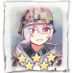  1girl bangs camouflage camouflage_coat camouflage_helmet closed_mouth company_of_heroes german_army hair_between_eyes hat lowres medium_hair military military_coat military_hat military_uniform open_mouth original ponytail portrait red_eyes sharp_teeth solo star_(symbol) teeth uniform v-shaped_eyebrows world_war_ii zhainan_s-jun 
