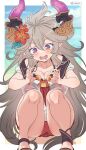  1girl animal bangs bikini bikini_skirt blush border breasts cleavage collarbone commentary_request draph fang feet_out_of_frame granblue_fantasy grey_hair hair_ornament halter_top halterneck highres holding holding_animal horns large_breasts long_hair mouth_drool open_mouth outside_border pointy_ears red_bikini see-through_shirt short_sleeves sidelocks skin_fang solo squatting sweatdrop swimsuit thalatha_(granblue_fantasy) twitter_username very_long_hair vinhnyu white_border 
