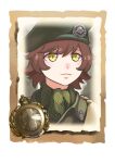  1girl :3 bangs beret british_army brown_hair closed_mouth company_of_heroes green_headwear hair_between_eyes hat military military_hat military_uniform original portrait scarf short_hair solo uniform world_war_ii yellow_eyes zhainan_s-jun 