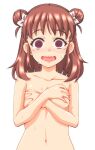  1girl @_@ absurdres blush breasts brown_hair commentary_request covering covering_breasts double_bun highres idolmaster idolmaster_cinderella_girls kou_oishi looking_at_viewer medium_hair munakata_atsumi navel nipples nude open_mouth small_breasts solo tears upper_body white_background 