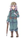  1girl bandages bangs bolt_action closed_mouth company_of_heroes full_body german_army gun hair_between_eyes hat holding holding_gun holding_weapon long_hair long_sleeves mauser_98 military military_hat military_uniform original purple_eyes purple_hair rifle smile solo standing transparent_background uniform wavy_hair weapon world_war_ii zhainan_s-jun 