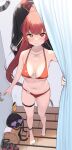  1girl absurdres bag bare_arms bare_shoulders barefoot baseball_cap bikini black_jacket breasts clenched_teeth cloba duffel_bag earrings feet halterneck hat heterochromia high_ponytail highres hololive houshou_marine jacket jewelry long_hair looking_at_viewer medium_breasts navel ponytail red_bikini red_eyes red_hair sandals skindentation solo standing stomach string_bikini sunglasses swimsuit teeth thigh_strap thighs very_long_hair virtual_youtuber yellow_eyes 