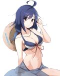  1girl absurdres ahoge bikini blue_hair breasts collarbone hair_flaps highres honma_(honmatomohiro) kantai_collection low_twintails medium_breasts navel official_alternate_costume red_eyes sarong simple_background solo swimsuit taigei_(kancolle) twintails white_background 