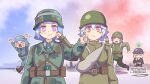  5girls :d :o bangs blonde_hair blue_hair blush british_army brown_hair cheek_pinching closed_eyes closed_mouth company_of_heroes cup drinking german_army gun hair_between_eyes hat helmet holding holding_cup long_sleeves looking_at_another looking_at_viewer looking_back military military_hat military_uniform multiple_girls on_floor open_mouth original outstretched_arms pinching purple_eyes red_eyes rifle sandbag short_hair sitting smile soviet soviet_army tea teacup tears uniform united_states_army weapon world_war_ii zhainan_s-jun 