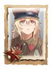  1girl :&lt; bangs blonde_hair closed_mouth company_of_heroes glasses hair_between_eyes hat medium_hair military military_hat military_uniform original portrait red_eyes solo soviet soviet_army uniform world_war_ii zhainan_s-jun 