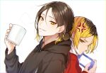  2boys anger_vein back-to-back bari_dal blonde_hair cup dual_persona haikyuu!! hair_bun handheld_game_console highres holding holding_cup holding_handheld_game_console hood hood_down hoodie kozume_kenma multicolored_hair multiple_boys older smile steam time_paradox two-tone_hair white_background yellow_eyes 