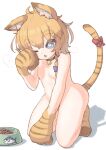  1girl animal_ears animal_hands animal_print bangs bell blonde_hair blue_eyes blush bow braid cat_ears cat_food cat_girl cat_tail commentary_request completely_nude cookie_(touhou) eyebrows_visible_through_hair fish_print food_bowl full_body hair_between_eyes hair_bow jingle_bell kemonomimi_mode kirisame_marisa kitsune_kemono kneeling medium_hair meguru_(cookie) neck_bell no_nipples nude one_eye_closed open_mouth purple_bow red_bow side_braid single_braid solo tail tail_bow tail_ornament touhou tuna white_background 