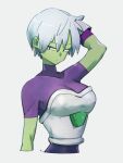  1girl arm_at_side arm_behind_head arm_up armor bodysuit breasts cheelai closed_mouth colored_skin constricted_pupils cropped_arms cropped_torso dragon_ball dragon_ball_super dragon_ball_super_broly eyebrows_visible_through_hair facing_viewer frown green_skin grey_background grey_hair half-closed_eyes kemachiku large_breasts purple_bodysuit shiny shiny_hair short_hair sideways_glance simple_background solo strapless upper_body v-shaped_eyebrows very_short_hair 