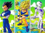  3boys adjusting_clothes aircraft ankle_boots arm_at_side armor black_hair blue_bodysuit blue_eyes blue_footwear bodysuit boots closed_mouth cloud cloudy_sky column_lineup contrapposto crossed_arms day dougi dragon_ball dragon_ball_z evil_smile facing_away feet_out_of_frame fingernails frieza from_above frown gloves grass green_sky ground hand_on_hip hill horizon lake looking_afar male_focus mountain multiple_boys muscular muscular_male namek outdoors pectorals realistic red_eyes rock rope saiyan_armor serious shadow sidelighting sideways_glance sky smile son_goku spiked_hair super_saiyan super_saiyan_1 tail toriyama_akira tree vegeta water white_gloves 