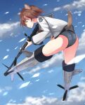  1girl 501st_joint_fighter_wing_(emblem) animal_ears ass bangs blouse blue_sailor_collar blue_sky blue_swimsuit blurry blurry_background brown_eyes brown_hair cloud cloudy_sky commentary depth_of_field dog_ears dog_tail flying frown gun holding holding_gun holding_weapon leaning_forward long_sleeves machine_gun military military_uniform miyafuji_yoshika motion_blur no_pants open_mouth sailor sailor_collar school_swimsuit short_hair sky strike_witches striker_unit swimsuit swimsuit_under_clothes tail tsuru_(tsubasa1993621) type_99_cannon uniform weapon white_blouse world_witches_series 