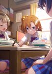  3girls ahoge bangs birthday blue_hair bookshelf chair closed_eyes commentary curtains eyebrows_visible_through_hair grey_hair hair_ribbon highres kousaka_honoka love_live! love_live!_school_idol_project minami_kotori miniskirt multiple_girls one_side_up orange_hair otonokizaka_school_uniform pencil ribbon school_uniform shamakho shiny shiny_hair short_hair short_sleeves side_ponytail sitting skirt sonoda_umi studying table window writing 