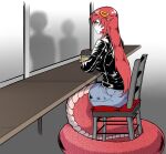  1girl absurdres chair closed_mouth commission commissioner_upload cup denim denim_skirt disposable_cup hair_ornament highres jacket lamia leather leather_jacket long_hair miia_(monster_musume) monster_girl monster_musume_no_iru_nichijou pointy_ears red_hair scales scribblesquab simple_background sitting skirt window yellow_eyes 