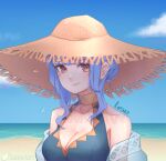  1girl alternate_costume artist_name beach bikini blue_bikini blue_hair blue_sky blue_swimsuit braid breasts brown_eyes cleavage crown_braid day fire_emblem fire_emblem:_three_houses fire_emblem_heroes hat highres horizon large_breasts lesu marianne_von_edmund outdoors sky solo sun_hat swimsuit upper_body 