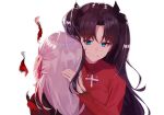  2girls black_ribbon blood blood_from_mouth blue_eyes brown_hair chip_le_cree fate/stay_night fate_(series) hand_in_another&#039;s_hair hands_on_another&#039;s_head heaven&#039;s_feel highres hug long_hair matou_sakura multiple_girls pink_ribbon purple_hair ribbon siblings sisters smile tohsaka_rin turtleneck twintails upper_body white_background 