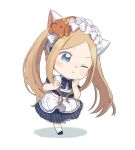  1girl :x abigail_williams_(fate) apron bangs blonde_hair blue_bow blue_dress blue_eyes blue_footwear blush bow chibi dress eyebrows_visible_through_hair fate/grand_order fate_(series) full_body hair_bow long_hair one_eye_closed parted_bangs pink_bow puffy_short_sleeves puffy_sleeves shadow shoes short_sleeves solo standing standing_on_one_leg striped striped_bow stuffed_animal stuffed_toy teddy_bear totatokeke twintails vertical-striped_dress vertical_stripes very_long_hair waist_apron white_apron white_background white_bow 