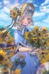  1girl :d bangs black_ribbon blue_dress blunt_bangs blurry blurry_foreground blush bonnet bow bubble cloud cloudy_sky commentary day dress field flower flower_field green_bow green_eyes hanato_(seonoaiko) heterochromia highres holding holding_flower looking_at_viewer mole mole_under_eye open_mouth original outdoors puffy_short_sleeves puffy_sleeves ribbon short_hair short_sleeves silver_hair sky smile solo standing sunflower symbol-only_commentary upper_teeth white_ribbon yellow_bow yellow_eyes yellow_flower 