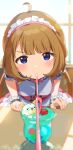  1girl ahoge blue_eyes blurry blurry_background blush brown_hair cherry crazy_straw cup depth_of_field drinking_glass drinking_straw food fruit hairband highres idolmaster idolmaster_million_live! idolmaster_million_live!_theater_days inuyama_nanami long_hair looking_at_viewer low_twintails pov pov_across_table shared_drink shared_straw suou_momoko twintails wristband 