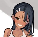  1girl ataruman bangs bare_shoulders black_hair breasts brown_eyes cleavage collarbone commentary dark-skinned_female dark_skin ear_clip fang grin hair_ornament hair_strand hairclip head_tilt highres ijiranaide_nagatoro-san light_blush long_hair looking_at_viewer nagatoro_hayase naughty_face portrait shadow small_breasts smile solo tan tank_top white_tank_top 