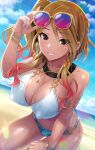  1girl beach bikini blonde_hair bracelet breasts cleavage covered_nipples dark-skinned_female dark_skin earrings eyebrows_visible_through_hair eyewear_removed hands_on_own_thighs hanging_breasts highres idolmaster idolmaster_shiny_colors izumi_mei jewelry large_breasts leaning_forward legs_apart looking_at_viewer multicolored_hair nail_polish navel necklace side_ponytail smile solo sunglasses swimsuit tan urabi_(tomatohouse) 