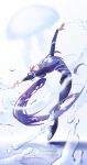  1boy absurdres bending_backward blurry blurry_background bodysuit buzhengjing_zhi_bi closed_eyes commentary flexible floating full_body glowing highres jellyfish kamui_gakupo long_hair male_focus outstretched_arms ponytail purple_bodysuit purple_hair reflection shadow solo splashing very_long_hair vocaloid water_drop white_background 