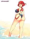  1girl :d ass backless_swimsuit bare_arms bare_back bare_legs bare_shoulders barefoot beach breasts brown_eyes commentary english_commentary from_behind full_body large_breasts looking_at_viewer looking_back multicolored multicolored_clothes multicolored_swimsuit one-piece_swimsuit open_mouth pyra_(pro_swimmer)_(xenoblade) pyra_(xenoblade) red_hair rtil short_hair smile solo standing swimsuit tiara xenoblade_chronicles_(series) xenoblade_chronicles_2 