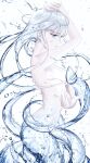 1girl absurdres bangs blue_eyes breasts from_side highres hydrokinesis liquid_hair looking_down medium_breasts narukamiarei original simple_background solo spinning symbol-only_commentary topless water water_dress water_drop white_background white_hair 