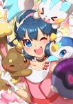  1girl ;d absurdres bangs blue_eyes blue_hair blurry blush buneary choker collarbone commentary_request dawn_(pokemon) dress eyelashes floating_hair gen_4_pokemon gloves hand_up highres holding holding_poke_ball looking_at_viewer on_head one_eye_closed open_mouth outstretched_arm pachirisu pink_dress piplup poke_ball pokemon pokemon_(anime) pokemon_(creature) pokemon_dppt_(anime) pokemon_on_head ponytail smile taisa_(lovemokunae) tied_hair tongue upper_teeth white_gloves 