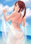  1girl anti_(0324) ass back bangs bare_shoulders beach bikini blue_sky blush breasts brown_eyes brown_hair closed_mouth cloud commentary_request day from_behind hair_ribbon halterneck holding horizon idolmaster idolmaster_cinderella_girls large_breasts long_hair looking_at_viewer looking_back mifune_miyu ocean outdoors ponytail ribbon see-through side-tie_bikini skindentation sky smile solo standing string_bikini swimsuit thighs thong water white_bikini 
