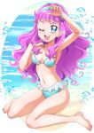 1girl ;d arm_up armpits barefoot bikini blue_eyes blue_hairband blush breasts cleavage collarbone frilled_bikini frills full_body hairband halterneck hanzou highres humanization laura_(precure) long_hair looking_at_viewer medium_breasts navel one_eye_closed open_mouth pink_hair precure shiny shiny_hair sideboob sitting smile solo spoilers swimsuit tropical-rouge!_precure very_long_hair wariza 