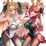  2girls animal_hat black_gloves blonde_hair breasts brown_legwear bunny_day bunny_hat bunny_pose casual_one-piece_swimsuit chest_jewel cleavage closed_mouth collarbone covered_navel fingerless_gloves fishnet_legwear fishnets gloves gonzarez hands_up hat headpiece highres large_breasts long_hair looking_at_viewer multiple_girls mythra_(radiant_beach)_(xenoblade) mythra_(xenoblade) one-piece_swimsuit pantyhose parted_lips playboy_bunny pyra_(pro_swimmer)_(xenoblade) pyra_(xenoblade) red_eyes red_hair short_hair smile super_smash_bros. swimsuit two-tone_gloves xenoblade_chronicles_(series) xenoblade_chronicles_2 yellow_eyes 