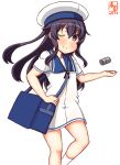  1girl akatsuki_(kancolle) alternate_costume artist_logo bag blue_sailor_collar cosplay dated depth_charge dress hair_between_eyes hat hiburi_(kancolle) hiburi_(kancolle)_(cosplay) kanon_(kurogane_knights) kantai_collection long_hair looking_at_viewer one-hour_drawing_challenge one_eye_closed purple_eyes purple_hair sailor_collar sailor_dress sailor_hat short_sleeves shoulder_bag simple_background smile socks solo white_background white_dress white_legwear 