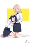  2girls absurdres adachi_sakura adachi_to_shimamura bare_legs barefoot black_hair black_neckwear black_skirt bow bowtie closed_eyes collared_shirt commentary_request dated eyebrows_visible_through_hair hair_ornament hairclip hand_on_another&#039;s_head hand_on_own_chest head_on_another&#039;s_stomach highres kneeling light_brown_hair long_hair long_sleeves looking_at_another medium_hair multiple_girls parted_lips pleated_skirt ppchen purple_eyes school_uniform shadow shimamura_hougetsu shirt shirt_tucked_in signature skirt two-tone_background white_background white_shirt yellow_background yuri 