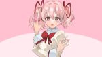  1girl blush bow bowtie crossed_arms determined gesture hair_ribbon hand_up kaname_madoka looking_at_viewer magia_record:_mahou_shoujo_madoka_magica_gaiden magical_girl mahou_shoujo_madoka_magica nekomokuwamai open_mouth pink_background pink_eyes pink_hair red_bow red_neckwear ribbon school_uniform solo soul_gem spoilers twintails upper_body 