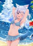  1girl ;d adjusting_hair animal_ears armpits arms_behind_head arms_up bangs beach bikini blue_bikini blue_eyes blue_sky blunt_bangs breasts cat_ears cleavage cloud cloudy_sky collarbone commentary_request eyebrows_visible_through_hair fish_tail flower gawr_gura hololive hololive_english horizon kemonomimi_mode long_hair looking_at_viewer m_ko_(maxft2) midriff navel ocean one_eye_closed open_mouth pleated_skirt polka_dot polka_dot_bikini side-tie_bikini sidelocks silver_hair skirt sky small_breasts smile solo swimsuit tail thighs virtual_youtuber water_drop 
