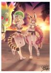  3girls :d :o animal_ear_fluff animal_ears ball bangs bare_legs bare_shoulders beach beachball bikini bikini_skirt blonde_hair blue_eyes breasts caracal_(kemono_friends) cellval colored_skin commentary_request dated extra_ears footprints green_hair green_skin hair_between_eyes highres innertube japari_symbol_print kemono_friends large_breasts matching_outfit midriff multiple_girls navel official_art open_mouth orange_hair palm_tree paw_print_soles print_bikini red_eyes sandals serval_(kemono_friends) serval_print short_hair signature smile standing standing_on_one_leg striped_tail sunset swimsuit tail tree water water_drop yellow_eyes yoshida_hideyuki 