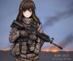  1girl acog ammunition_belt ammunition_pouch assault_rifle bangs blurry blurry_background brown_eyes brown_hair camouflage camouflage_jacket camouflage_pants closed_mouth dirty dirty_face fire girls&#039;_frontline gloves gun hair_between_eyes headpiece highres holding holding_gun holding_weapon jacket long_hair long_sleeves looking_at_viewer m4_carbine m4a1_(girls&#039;_frontline) military military_jacket military_uniform multicolored_hair outdoors pants pouch rifle scarf smoking solo streaked_hair sunset uniform united_states_army vest weapon zap-nik 