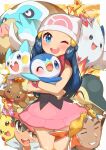  1girl 2boys ;d absurdres ash_ketchum beanie blue_eyes blue_hair brock_(pokemon) buneary cyndaquil dawn_(pokemon) eyelashes gen_1_pokemon gen_2_pokemon gen_4_pokemon hair_ornament hairclip hat highres holding holding_pokemon long_hair looking_at_viewer mamoswine multiple_boys one_eye_closed open_mouth pachirisu pikachu pink_skirt piplup pokemon pokemon_(anime) pokemon_(creature) pokemon_dppt_(anime) ribbon scarf shirt skirt sleeveless sleeveless_shirt smile taisa_(lovemokunae) togekiss tongue upper_teeth white_headwear 