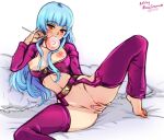  1girl barefoot bed belt blue_hair breasts candy eyebrows_visible_through_hair food kula_diamond lollipop long_hair looking_at_viewer medium_breasts mina_cream pillow purple_eyes signature simple_background spread_legs the_king_of_fighters toes white_background zipper 