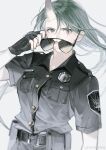  1girl absurdres arknights bangs black_gloves gloves gou_haihaihaihai green_hair highres horns hoshiguma_(arknights) long_hair looking_at_viewer police police_uniform policewoman smile sunglasses uniform white_background 