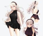  1girl alternate_costume ass back backless_dress backless_outfit bangs bare_shoulders black_dress black_hairband black_panties black_skirt blush breasts clothes_lift corrin_(fire_emblem) corrin_(fire_emblem)_(female) dress english_text eyebrows_visible_through_hair fire_emblem fire_emblem_fates hair_between_eyes hairband heart highres large_breasts lips long_hair looking_at_viewer looking_back manakete panties parted_lips pink_lips pointy_ears red_eyes short_dress sideboob silver_hair simple_background skirt skirt_hold skirt_lift sleeveless sleeveless_dress smile sobasakuhin solo speech_bubble symbol-only_commentary teeth thighs twitter_username underwear white_background 