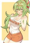  1girl absurdres bangs blush border breasts cleavage commentary_request commission eyebrows_visible_through_hair fire_emblem fire_emblem_awakening green_eyes green_hair hair_between_eyes highres hooters l325j large_breasts long_hair orange_shorts pointy_ears ponytail shorts skeb_commission solo tiara tiki_(fire_emblem) two-tone_background white_border yellow_background 