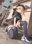  1girl absurdres blonde_hair capelet girls&#039;_frontline green_eyes gun handgun hat highres holding holding_gun holding_weapon lamppost miniskirt mod3_(girls&#039;_frontline) panties rui_(rei_leyi) shoes skirt sneakers solo suppressor thighhighs traffic_light underwear upskirt weapon welrod_mk2 welrod_mkii_(girls&#039;_frontline) 