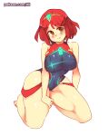  1girl bare_arms bare_legs bare_shoulders barefoot blush breasts brown_eyes commentary covered_navel english_commentary eyebrows_visible_through_hair full_body hand_on_own_thigh large_breasts looking_at_viewer multicolored multicolored_clothes multicolored_swimsuit one-piece_swimsuit pyra_(pro_swimmer)_(xenoblade) pyra_(xenoblade) red_hair rtil short_hair simple_background sitting smile solo swimsuit thick_thighs thighs tiara white_background xenoblade_chronicles_(series) xenoblade_chronicles_2 