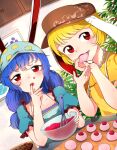  2girls alternate_headwear animal_ears baking bangs blonde_hair blue_hair blush brown_headwear cabbie_hat cabinet commentary_request commission cookie crescent_print dutch_angle eating eyebrows_behind_hair finger_in_mouth flat_chest food food_in_mouth hat highres holding holding_food indoors kaisenpurin long_hair looking_at_viewer low-tied_long_hair mixing_bowl multiple_girls puffy_short_sleeves puffy_sleeves rabbit_ears red_eyes ringo_(touhou) seiran_(touhou) short_hair short_sleeves skeb_commission swept_bangs touhou upper_body 