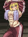  1girl :p abs alice_margatroid alternate_costume animated animated_png armpits arms_up bangs blonde_hair blue_eyes blush bottomless breasts closed_mouth commentary_request contrapposto cookie_(touhou) covered_nipples cowboy_shot eyebrows_visible_through_hair flexing frilled_hairband frills hair_between_eyes hairband looking_at_viewer looping_animation medium_breasts meow25meow muscular muscular_female nude pants pink_hairband pose red_pants red_shirt sakuranbou_(cookie) shirt short_hair smile solo sportswear sweat tongue tongue_out touhou towel towel_around_neck 